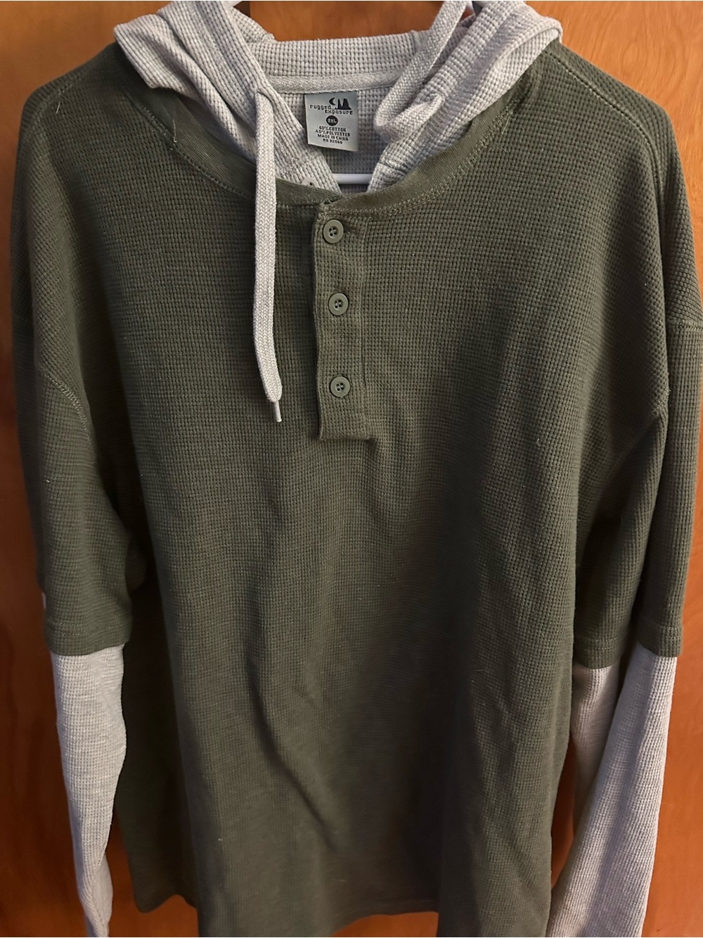 Olive Green Layered Henley Hoodie - Unbranded